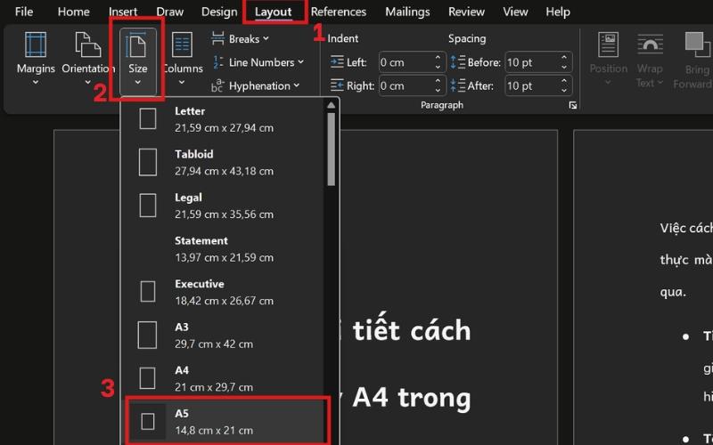 Cách chuyển đổi và in khổ A5 ngay từ đầu trong Word thay đổi khổ giấy của tài liệu