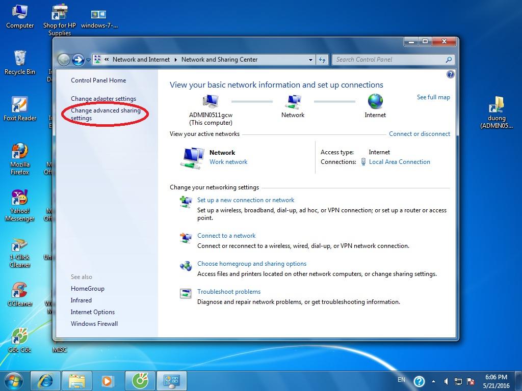 tìm tới Change advanced sharing settings
