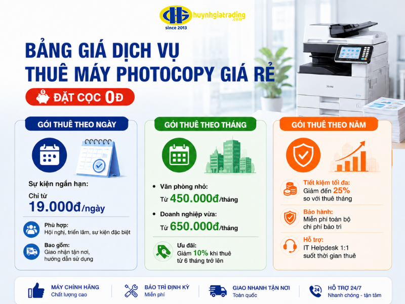 Bảng giá dịch vụ thuê máy photocopy giá rẻ, đặt cọc 0Đ (cập nhật 2026)