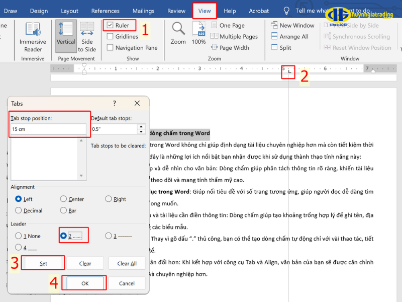 Cách 2: Tạo dòng chấm trong Word bằng thước (Ruler)