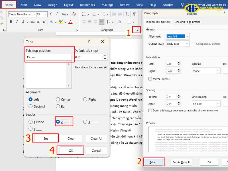 Cách 1: Tạo dòng chấm bằng hộp thoại Tabs (Paragraph)