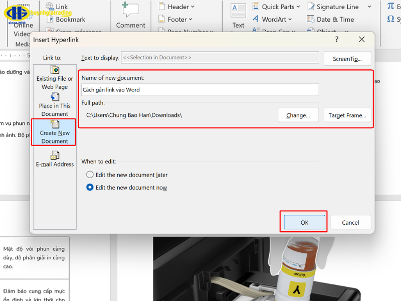 Tạo liên kết đến một File mới sẽ được tạo