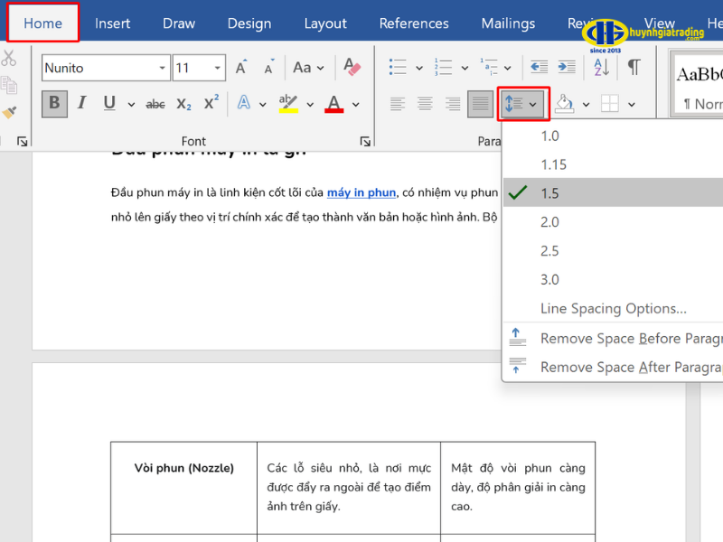 Giãn dòng bằng biểu tượng Line Spacing trên thẻ