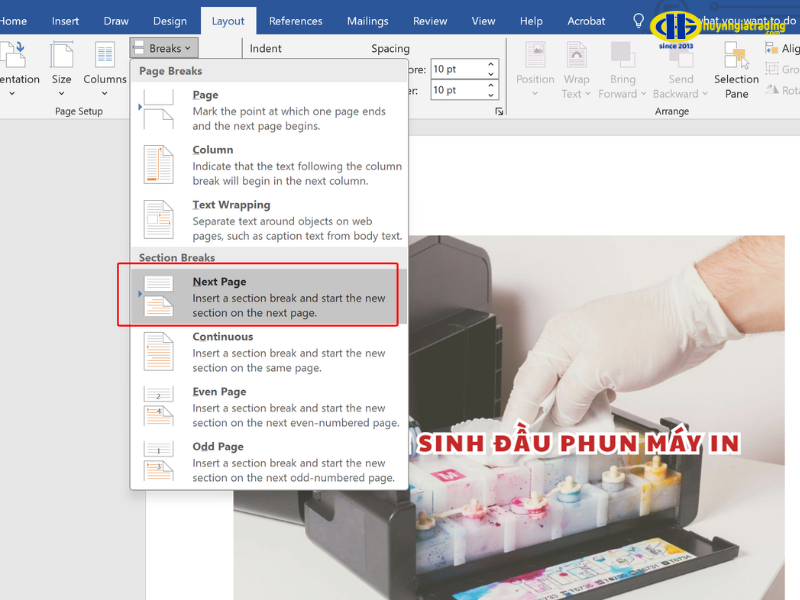 Chèn Section Break để định dạng trang lẻ/chẵn linh hoạt