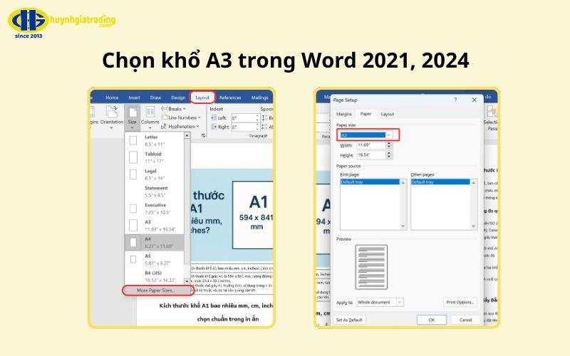Chọn khổ A3 trong Word 2021, 2024