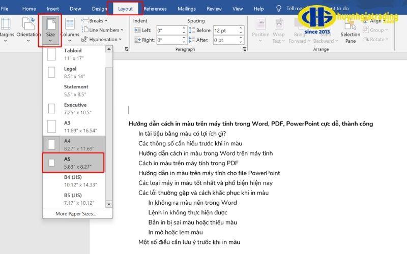 Chọn khổ A5 trong Word 2021, 2024