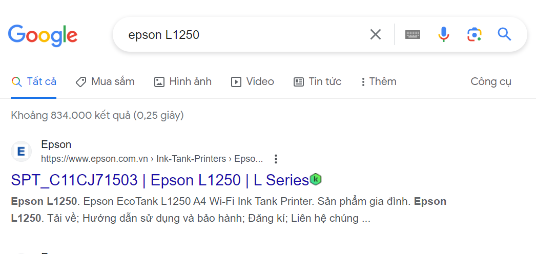 Tìm kiếm Driver máy in Epson L1250 trên Google