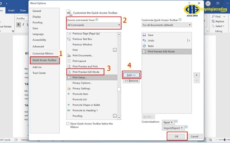 Print Preview Edit Mode vào Quick Access Toolbar