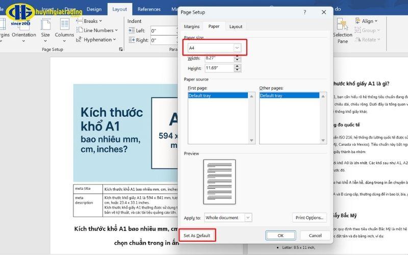 Đặt khổ giấy A4 làm mặc định cho tài liệu mới