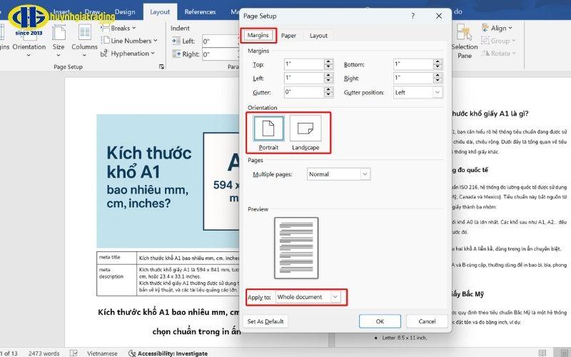 Dùng hộp thoại Page Setup để căn chỉnh chính xác