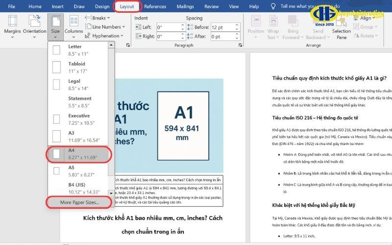 Chọn khổ giấy A4 trên Word 2021, 2024