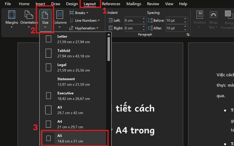 Cách chuyển đổi và in khổ A5 ngay từ đầu trong Word thay đổi khổ giấy của tài liệu
