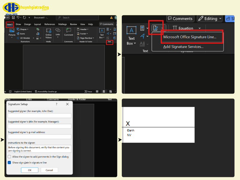 Bước 4: Dùng Signature Line trong Word