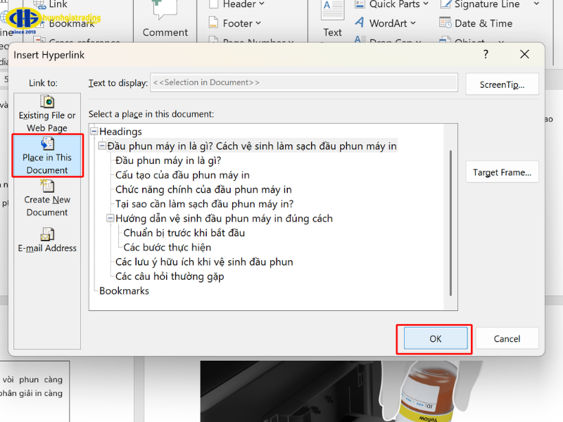 Tạo liên kết đến Vị trí bất kỳ trong cùng một file (Bookmark/Internal Link)
