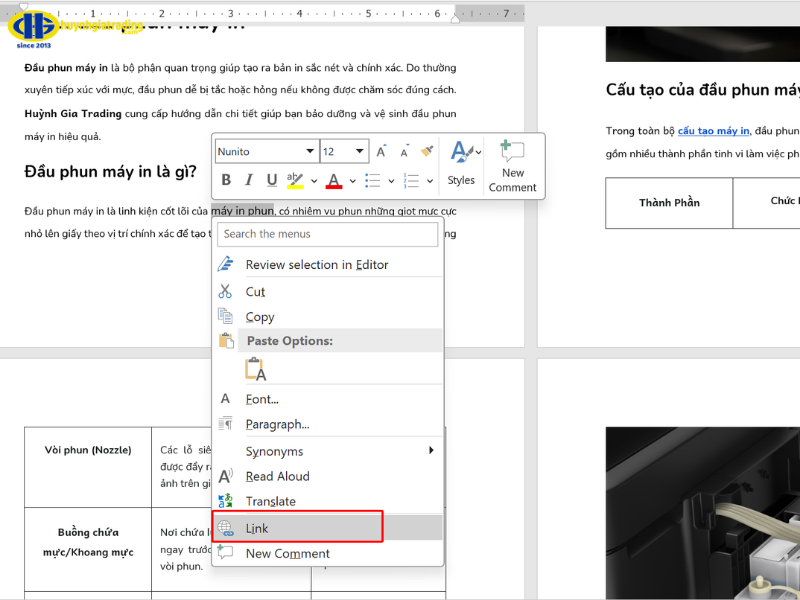 Chèn link qua chuột phải (Right-click) và chọn