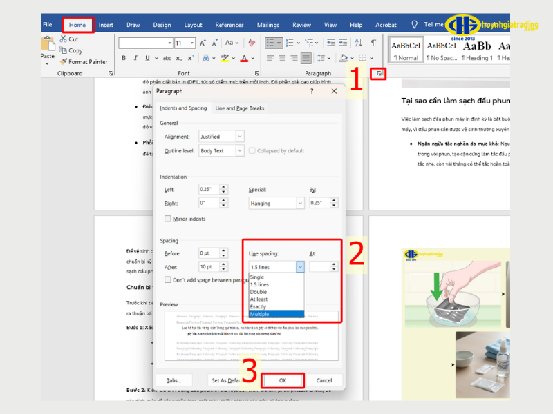 Giãn dòng nâng cao qua hộp thoại 