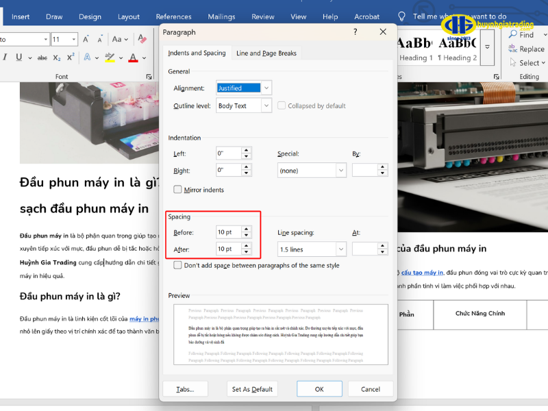 Thiết lập Giãn đoạn trong hộp thoại 