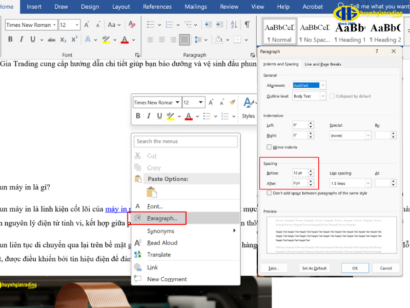 Điều chỉnh thông số Spacing (Before/After) trong hộp thoại Paragraph