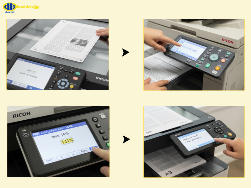 Cách photo A3 trực tiếp trên máy photocopy Ricoh phóng to từ A4 sang A3