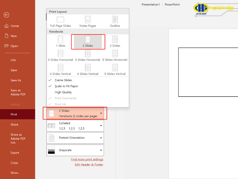 Cách in 2 trang trên 1 mặt giấy trong file PowerPoint