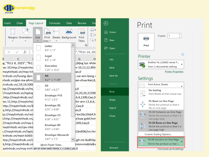 Cách in 2 trang trên 1 mặt giấy A4 trong file Excel